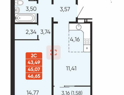 1-к. квартира, 45,1&nbsp;м²