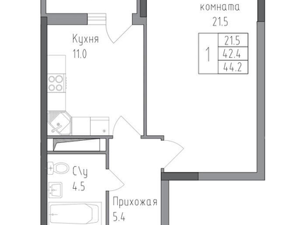 1-к. квартира, 47,8&nbsp;м²