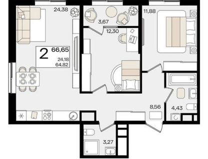 2-к. квартира, 66,7&nbsp;м²
