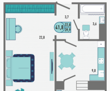 1-к. квартира, 41,8 м²