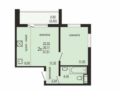 1-к. квартира, 37,5 м²
