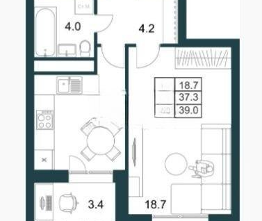 1-к. квартира, 39 м²
