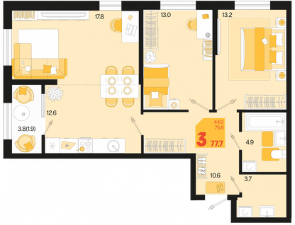 3-к. квартира, 77,7&nbsp;м²