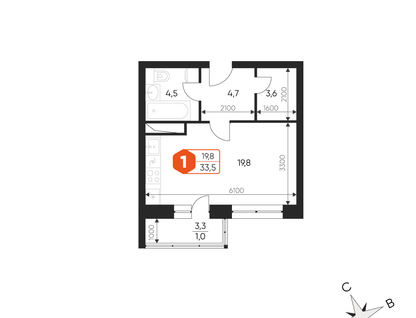 1-к. квартира, 33,5&nbsp;м²
