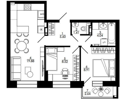 2-к. квартира, 53&nbsp;м²