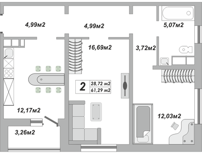 2-к. квартира, 61,3&nbsp;м²