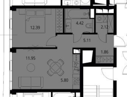 1-к. квартира, 43,6&nbsp;м²