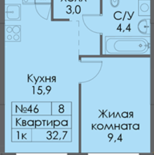 1-к. квартира, 32,7&nbsp;м²