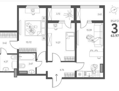2-к. квартира, 64&nbsp;м²