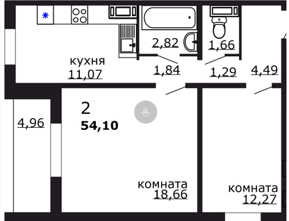 2-к. квартира, 54,1 м²