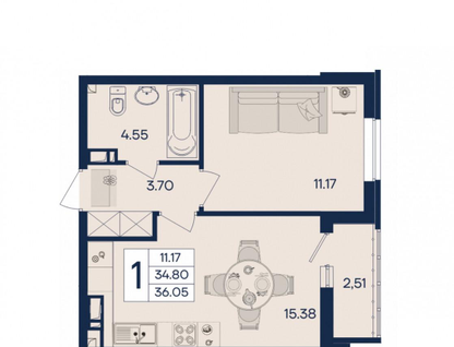 1-к. квартира, 36&nbsp;м²