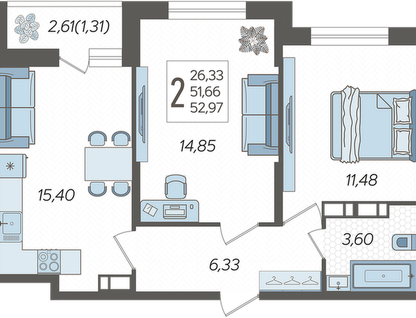 2-к. квартира, 53&nbsp;м²