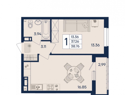 1-к. квартира, 38,8&nbsp;м²