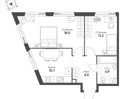 2-к. квартира, 51,3&nbsp;м²