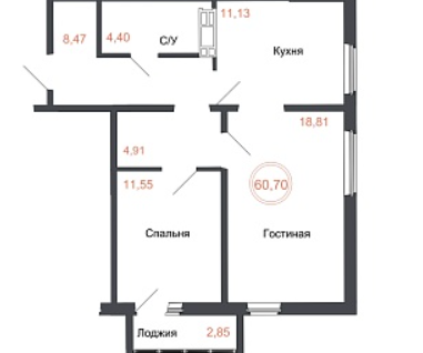 2-к. квартира, 60,7&nbsp;м²