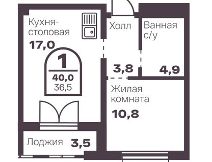 Студия, 36,5&nbsp;м²