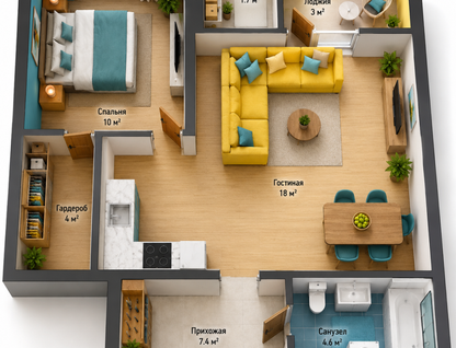 1-к. квартира, 44,3 м²