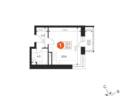 1-к. квартира, 30,4&nbsp;м²