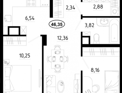 2-к. квартира, 46,4&nbsp;м²