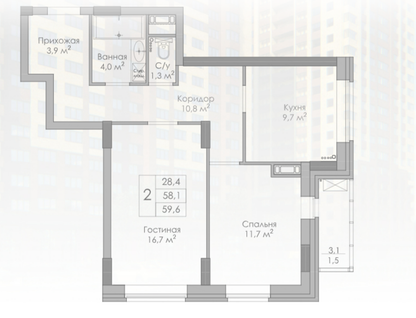 2-к. квартира, 59,6&nbsp;м²