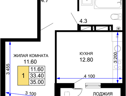 1-к. квартира, 35&nbsp;м²