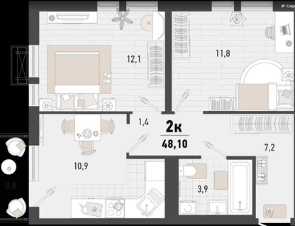 2-к. квартира, 51,1&nbsp;м²