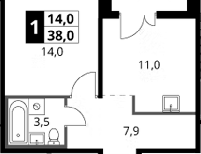 1-к. квартира, 38 м²