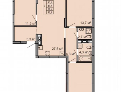 3-к. квартира, 88,6 м²