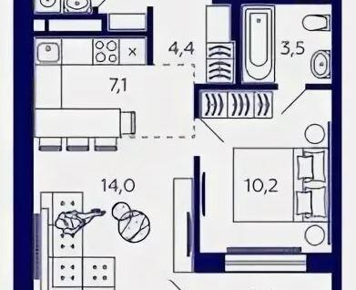 2-к. квартира, 43,7&nbsp;м²