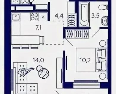 2-к. квартира, 43,7&nbsp;м²