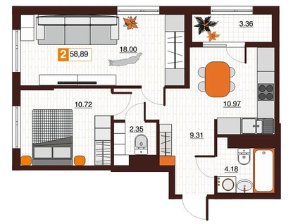 2-к. квартира, 58,9&nbsp;м²