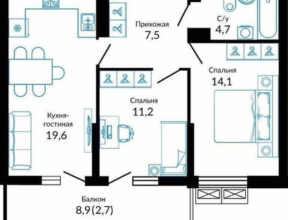 2-к. квартира, 60 м²