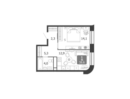 1-к. квартира, 38,6 м²