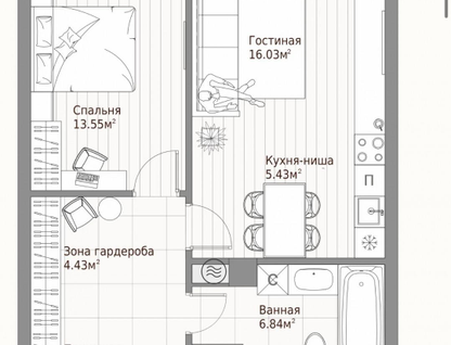 1-к. квартира, 52,2 м²