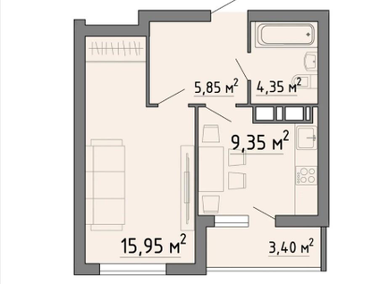 1-к. квартира, 38,9 м²