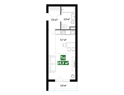 1-к. квартира, 28,5 м²