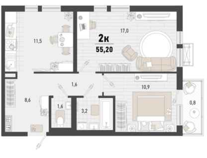 2-к. квартира, 55,2&nbsp;м²