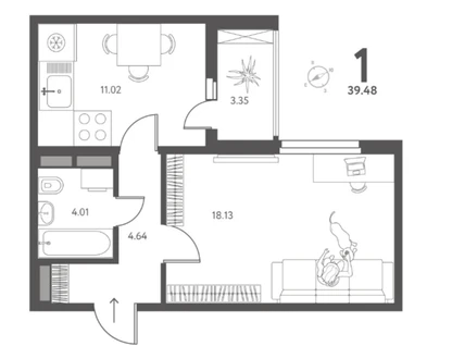 1-к. квартира, 39,5&nbsp;м²