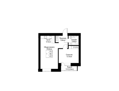 1-к. квартира, 47,7&nbsp;м²