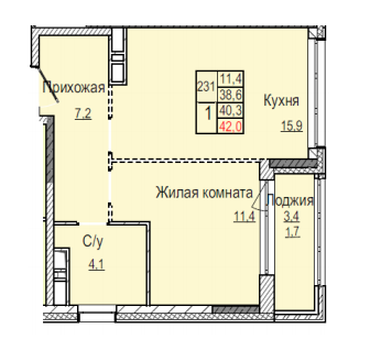 1-к. квартира, 42&nbsp;м²