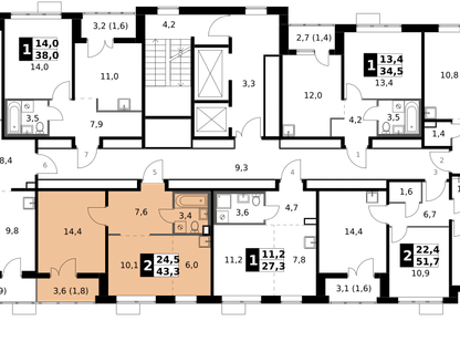 2-к. квартира, 43&nbsp;м²