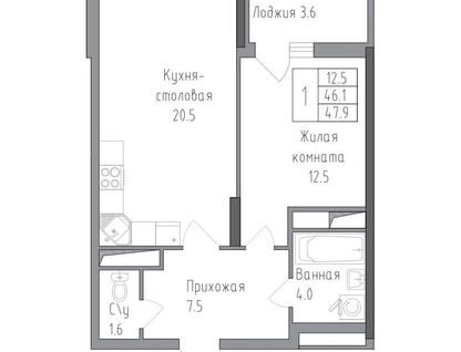 2-к. квартира, 47,9&nbsp;м²