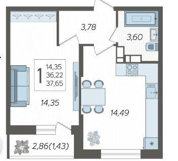 1-к. квартира, 37,6&nbsp;м²