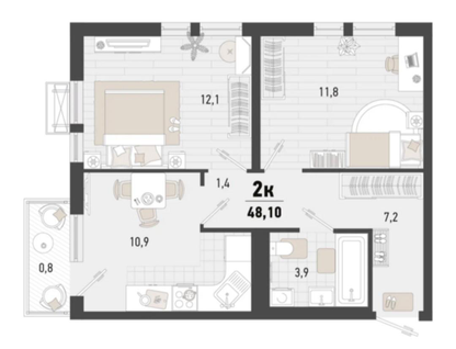 2-к. квартира, 48,1&nbsp;м²