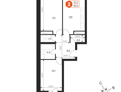 3-к. квартира, 66,4&nbsp;м²