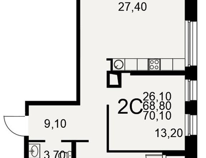 2-к. квартира, 70,1&nbsp;м²