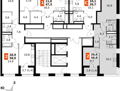 2-к. квартира, 58 м²