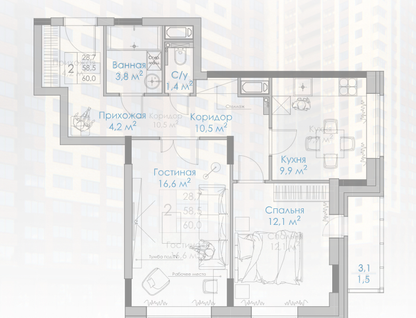 2-к. квартира, 60&nbsp;м²