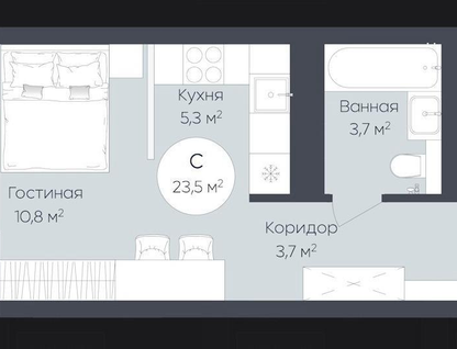 1-к. квартира, 23,5&nbsp;м²
