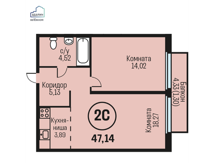 2-к. квартира, 47,1&nbsp;м²